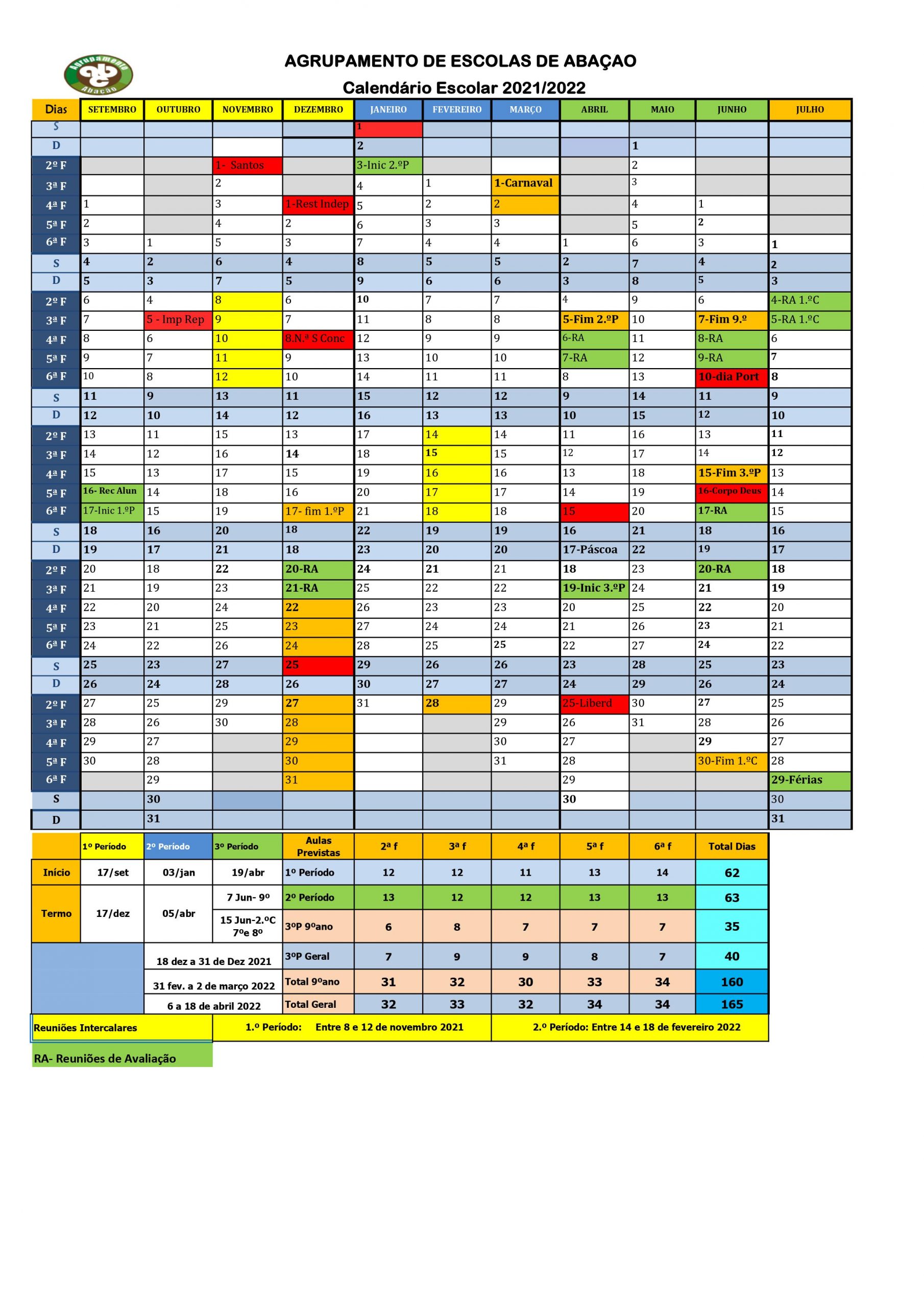 Calendário Escolar 20212022 Agrupamento De Escolas De Abação